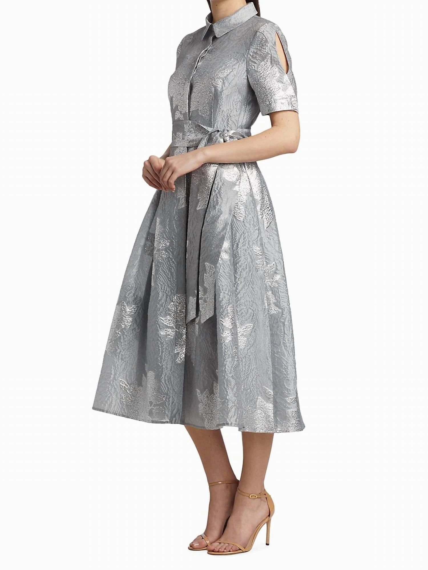 Puff Shoulder Embroidered Cocktail Dress In Platinum