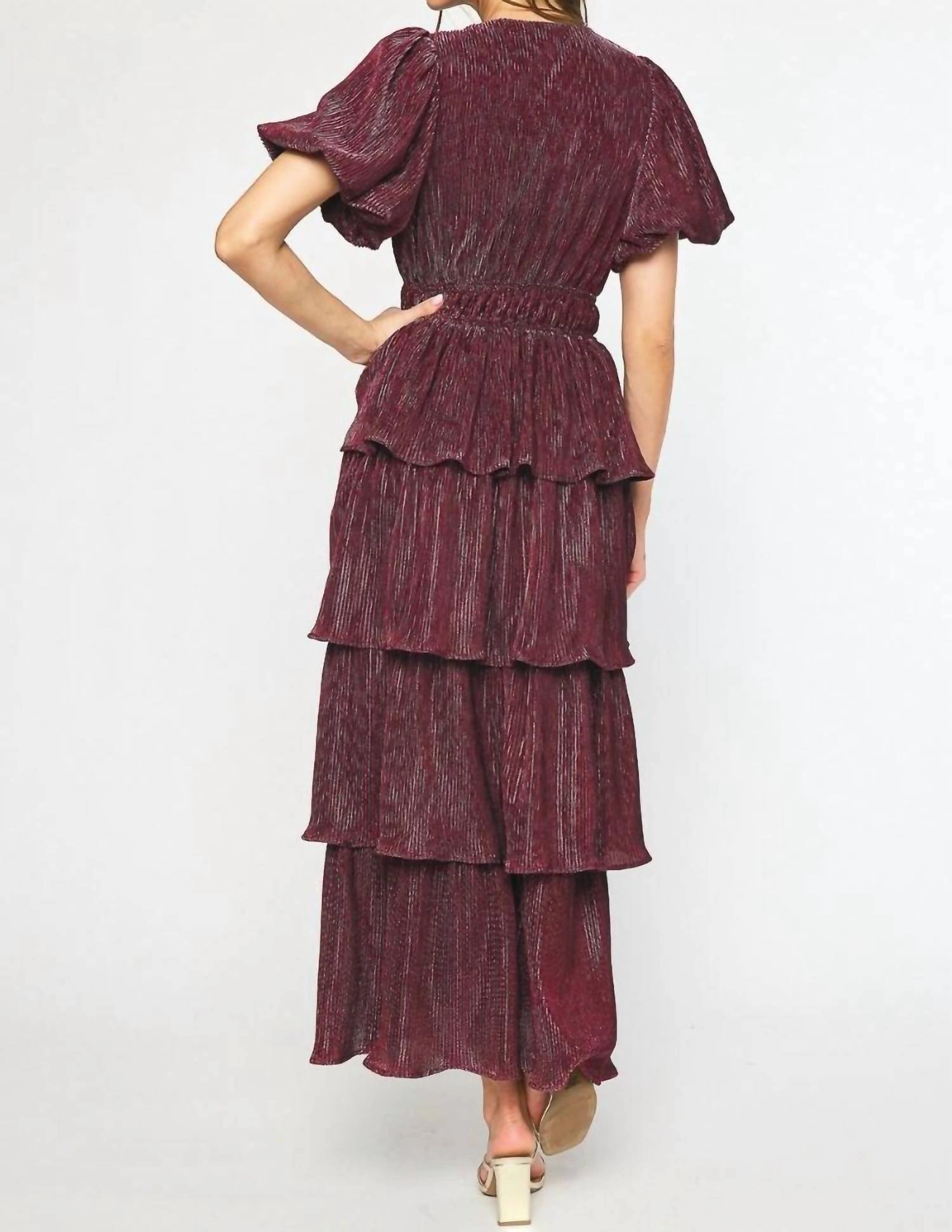 Puff Sleeve Maxi Dress In Metallic Sangria