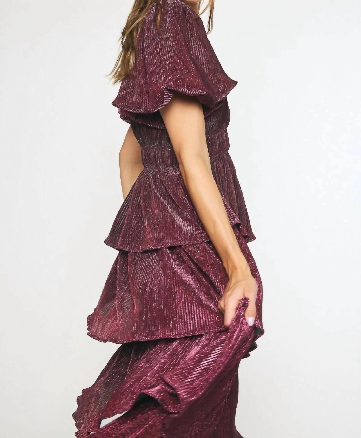 Puff Sleeve Maxi Dress In Metallic Sangria