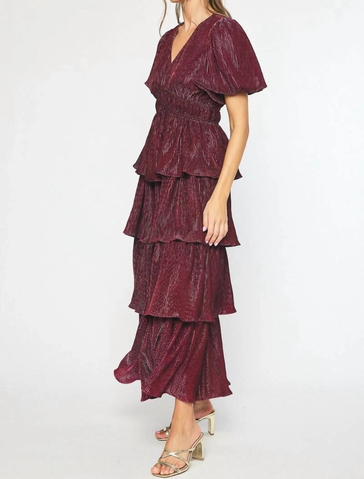 Puff Sleeve Maxi Dress In Metallic Sangria
