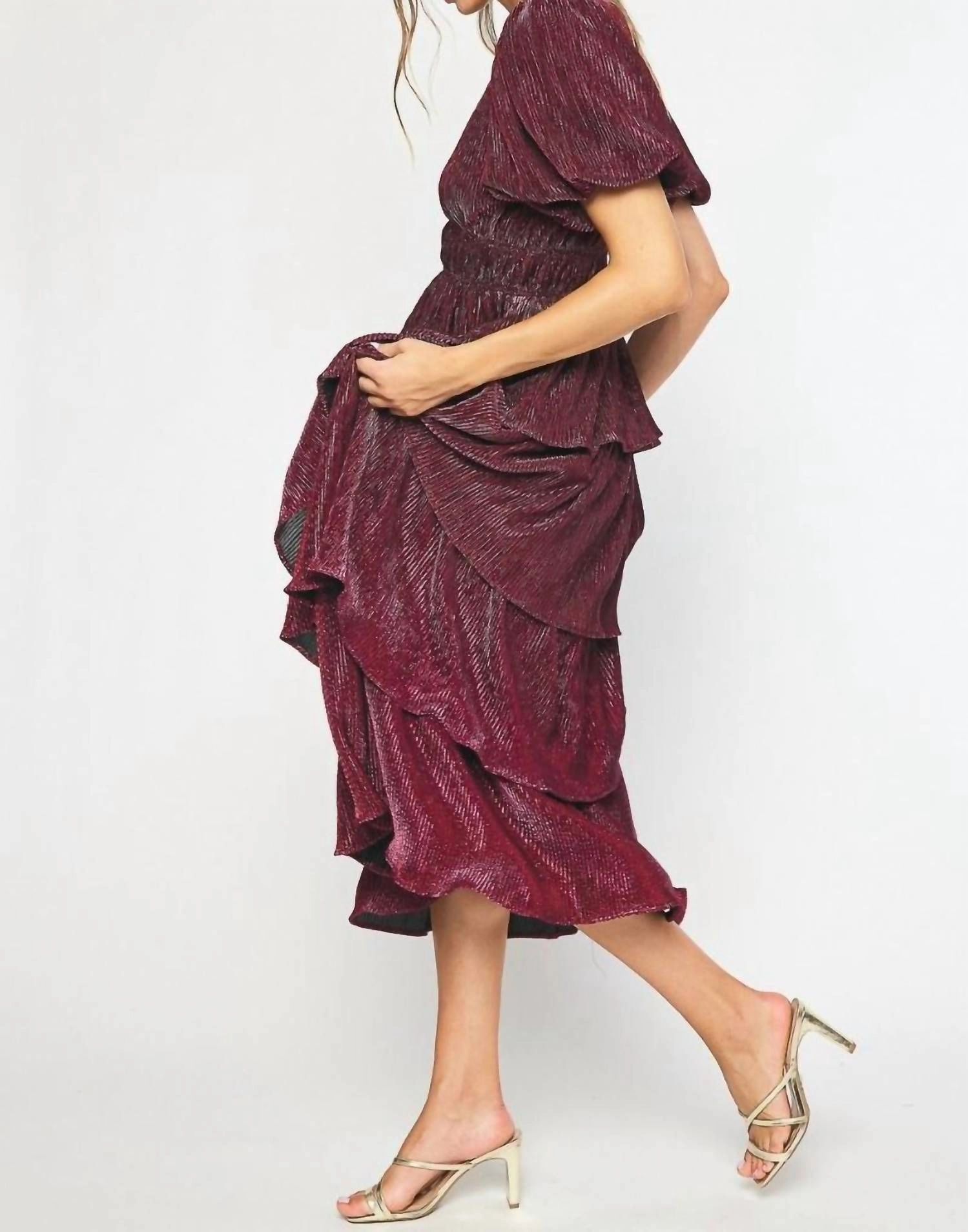 Puff Sleeve Maxi Dress In Metallic Sangria