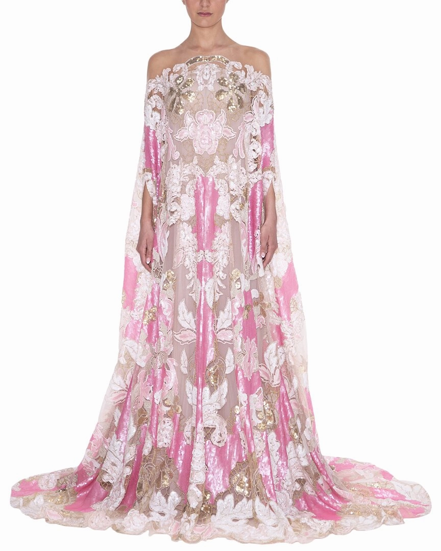 Reem Acra Illusion Neckline Embroidered Gown