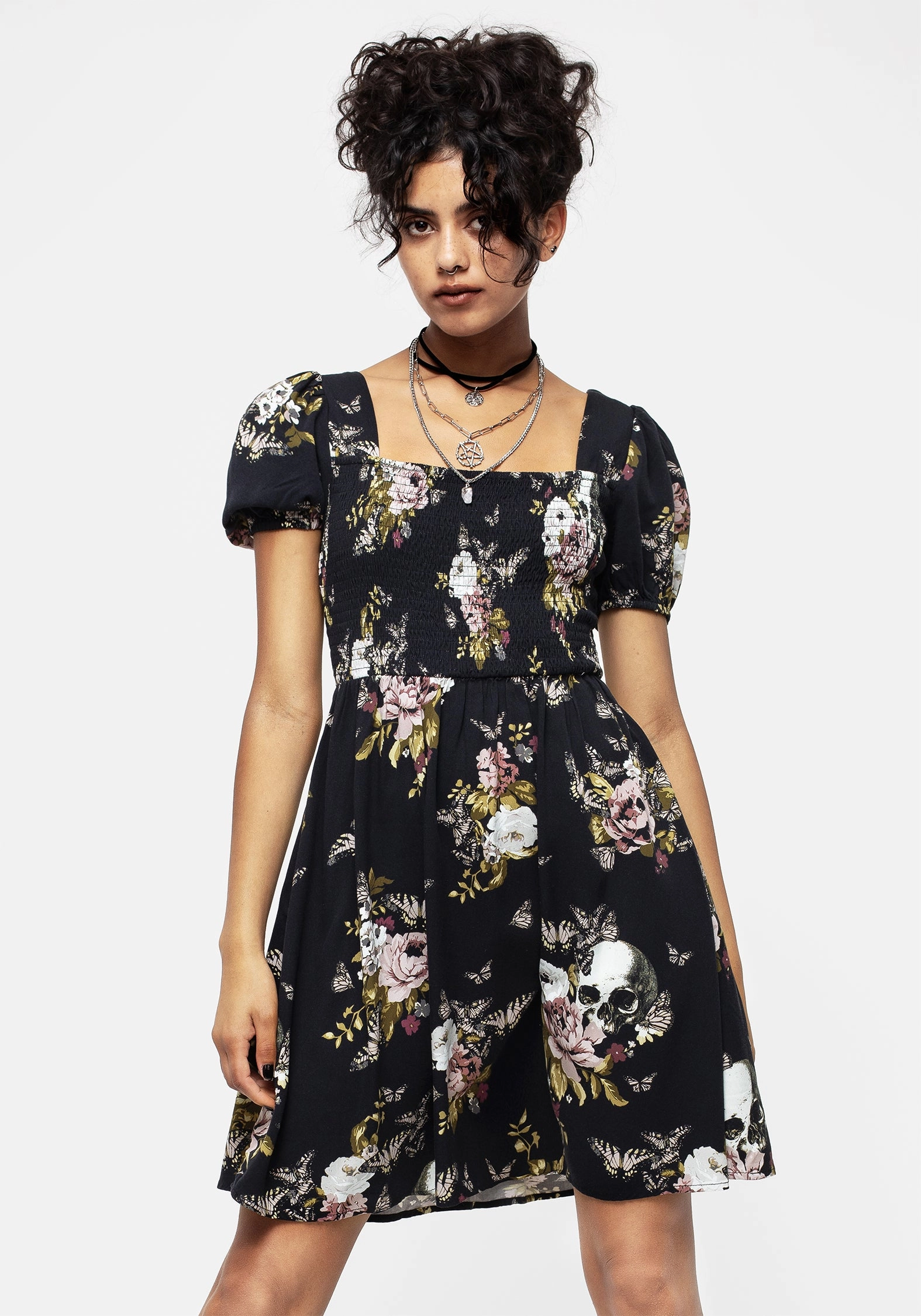 Revival Floral Puff Sleeve Shirred Mini Dress Dresses Womens - women's dresses clearance