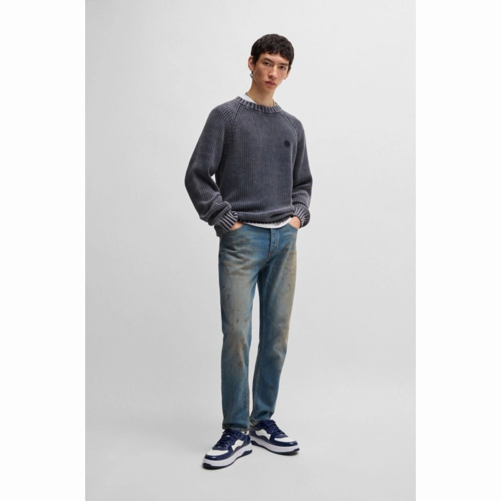 Rib-knit cotton sweater with Happy HUGO logo badge