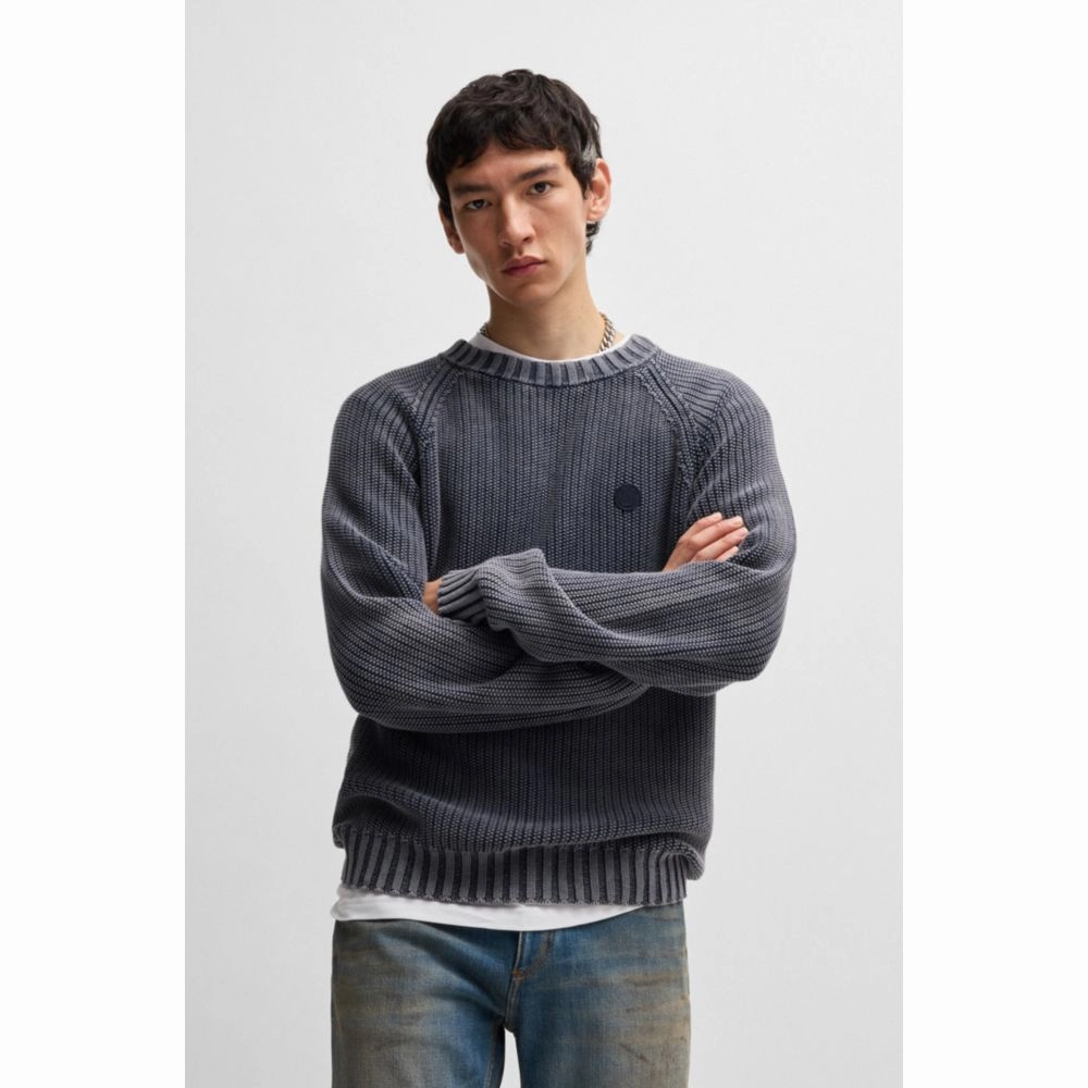 Rib-knit cotton sweater with Happy HUGO logo badge