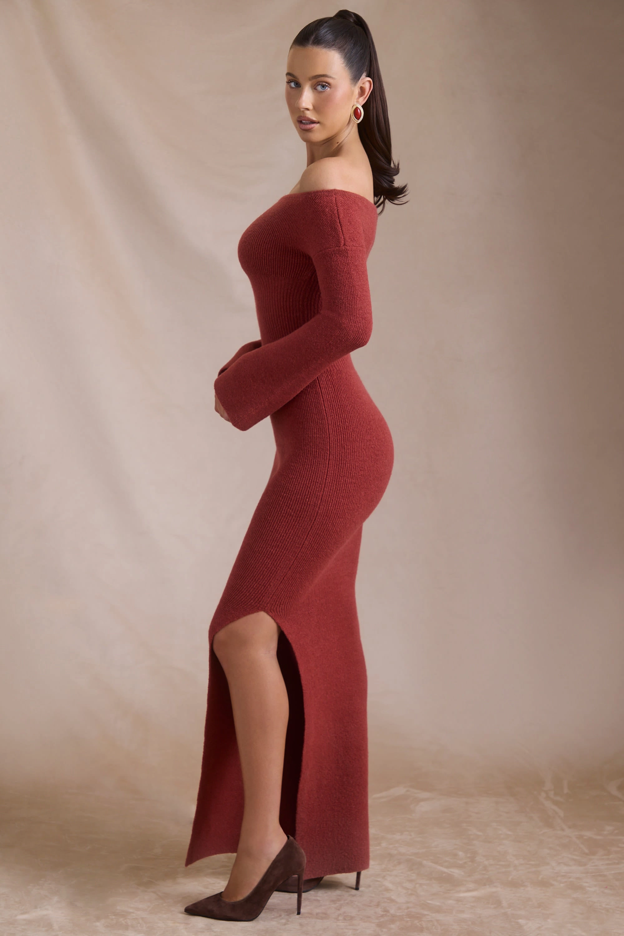 Ribbed-Knit Off-Shoulder Maxi Dress in Brick Red