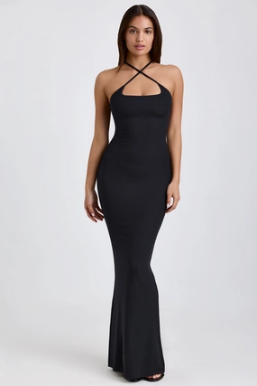 Ribbed Modal Halterneck Maxi Dress in Black Dresses - cocktail dresses sale