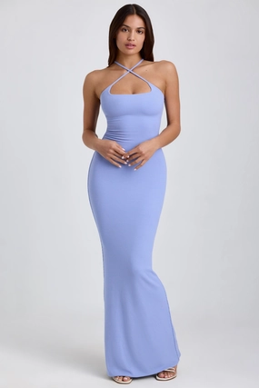 Ribbed Modal Halterneck Maxi Dress in Bluebell Dresses - evening gowns outlet