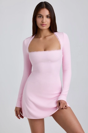 Ribbed Modal Lace-Trim Mini Dress in Blossom Pink Dresses best price