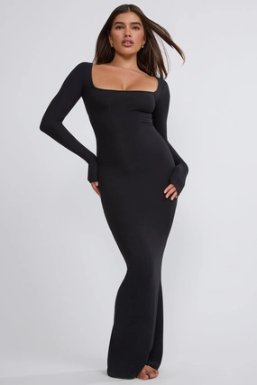 Ribbed Modal Long Sleeve Maxi Dress in Black Dresses - dresses on sale