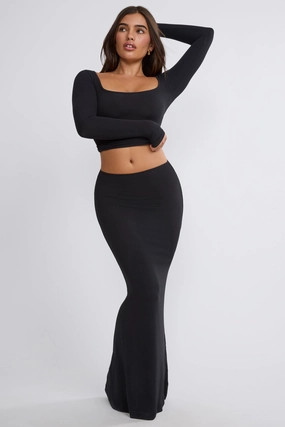 Ribbed Modal Mid Rise Maxi Skirt in Black Bottoms Womens - women's pants clearance