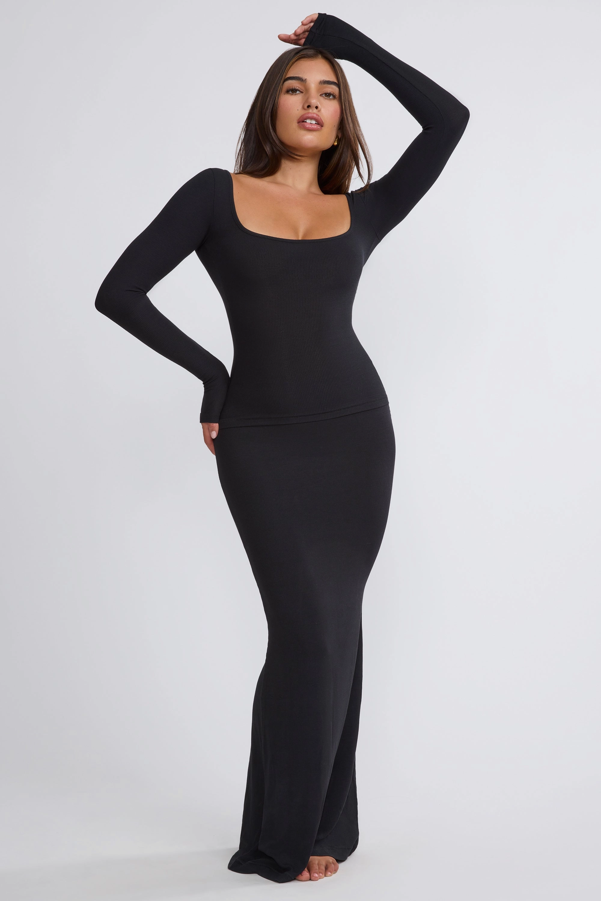 Ribbed Modal Mid Rise Maxi Skirt in Black