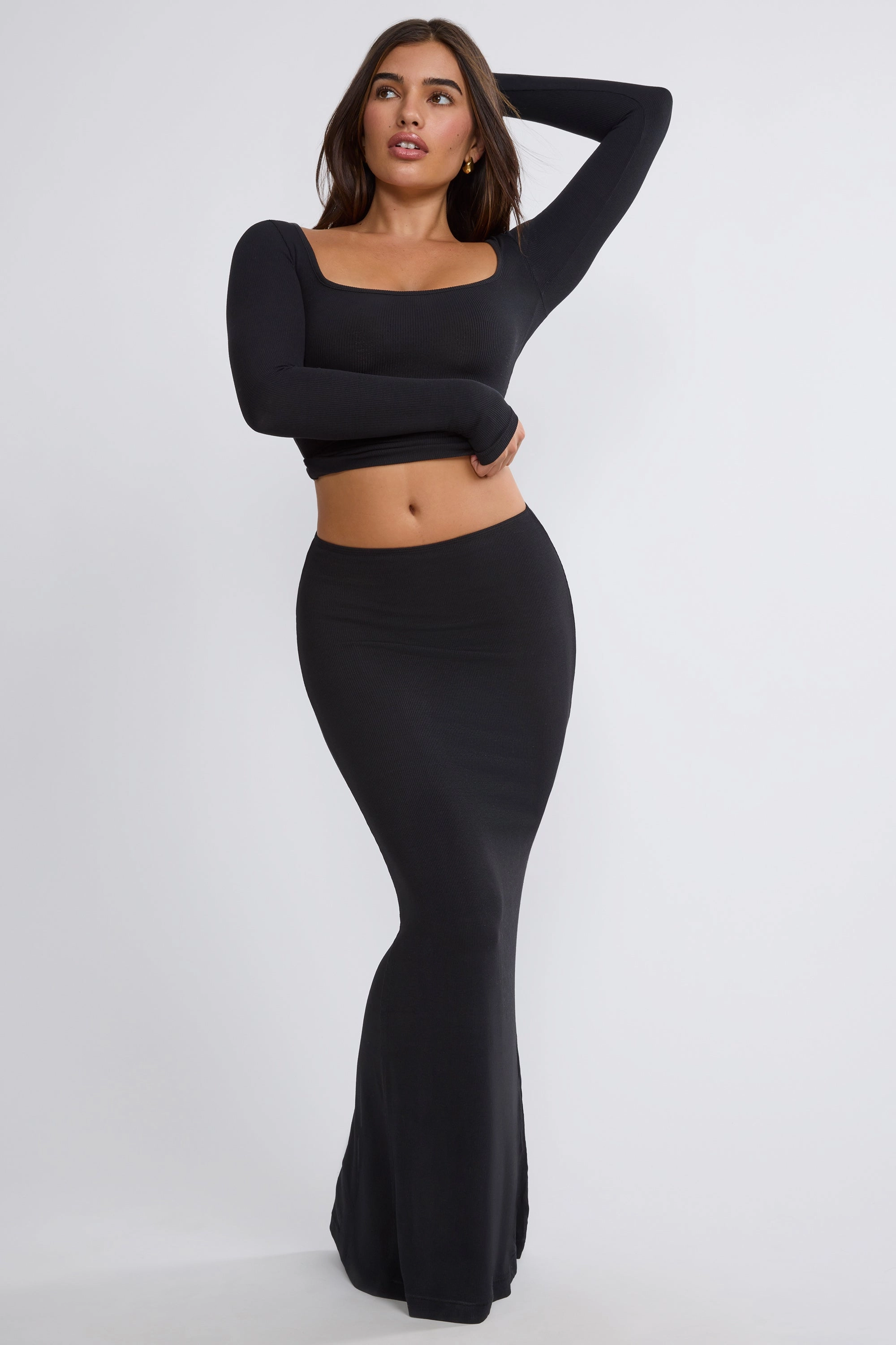 Ribbed Modal Mid Rise Maxi Skirt in Black Bottoms Womens - women's pants clearance