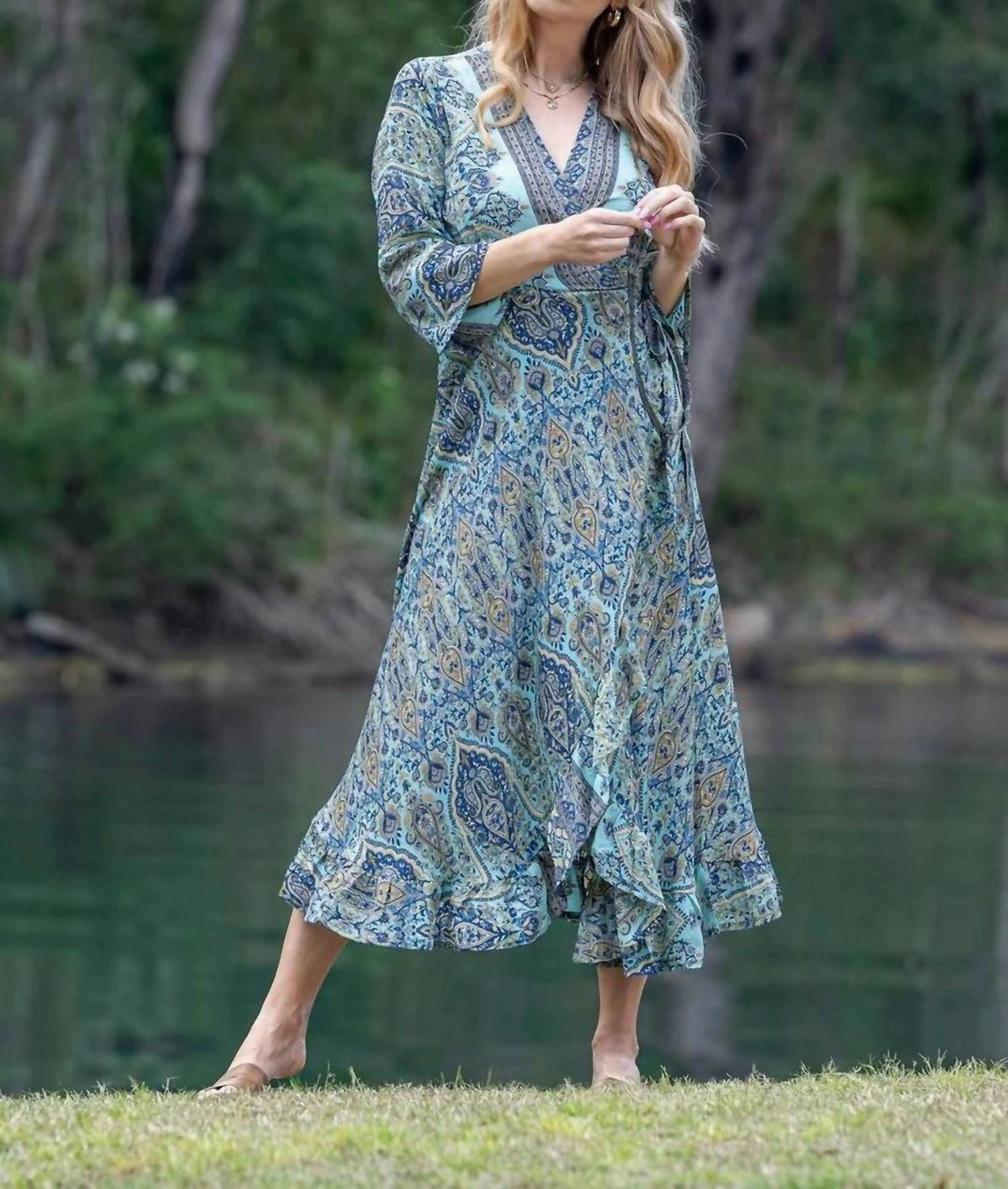 Riley Wrap Dress In Turquoise/gold