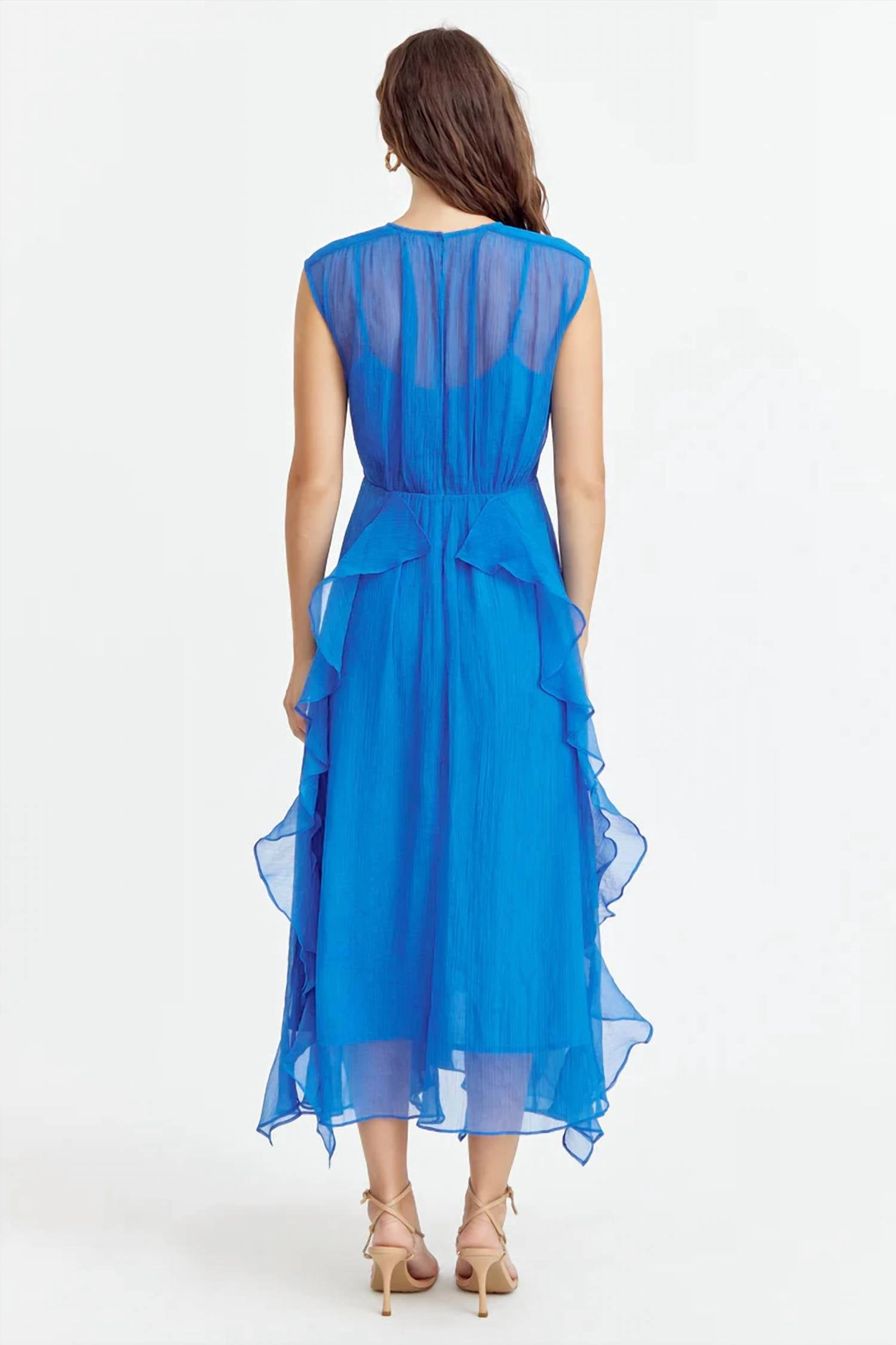 Rosalie Cascading Ruffled Midi Dress In Blue