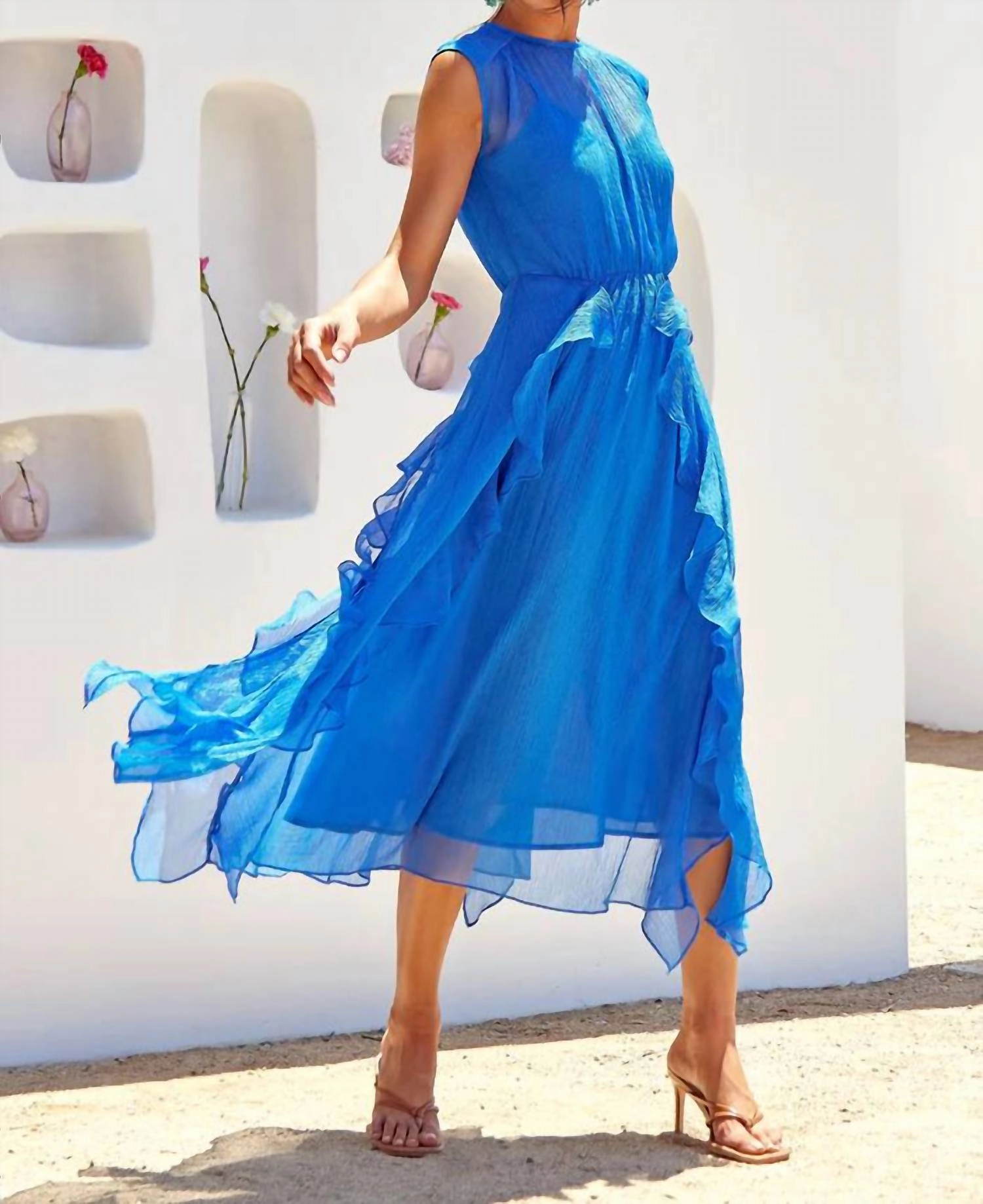 Rosalie Cascading Ruffled Midi Dress In Blue