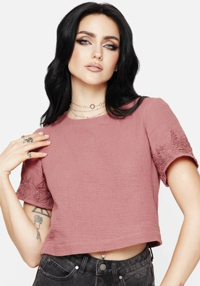 Rosamoth Applique Trim Cotton Short Sleeve Top Tops Womens - women's blouses clearance