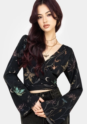 Rosanella Floral Print Flare Sleeve Wrap Top Tops Womens - women's blouses clearance