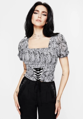 Rosethorn Flocked Velour Chiffon Corset Crop Top - Blue Tops Womens - women's blouses clearance