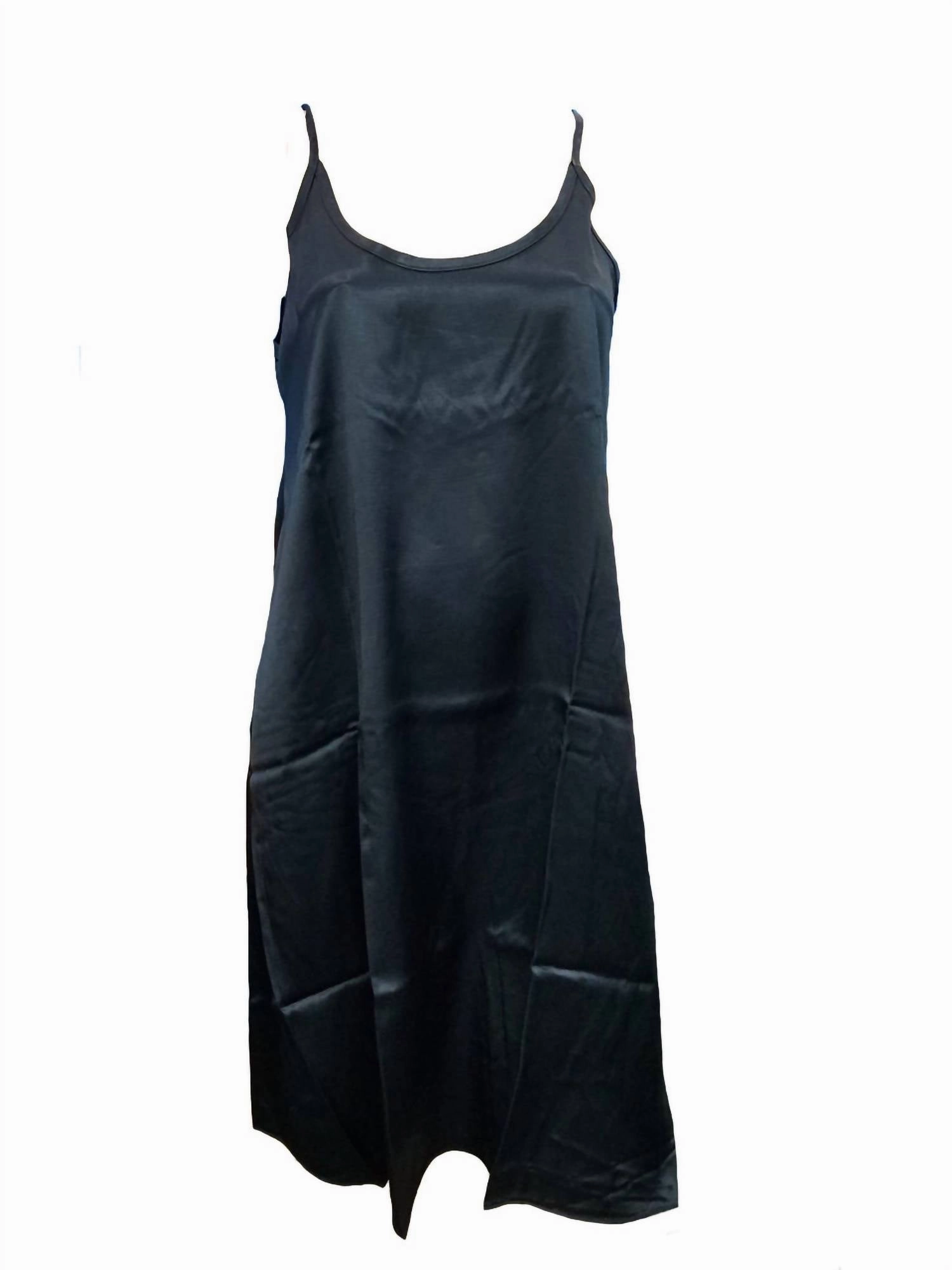 Ruby Satin Knee Length Gown With Spaghetti Straps & Gathered Back In Black