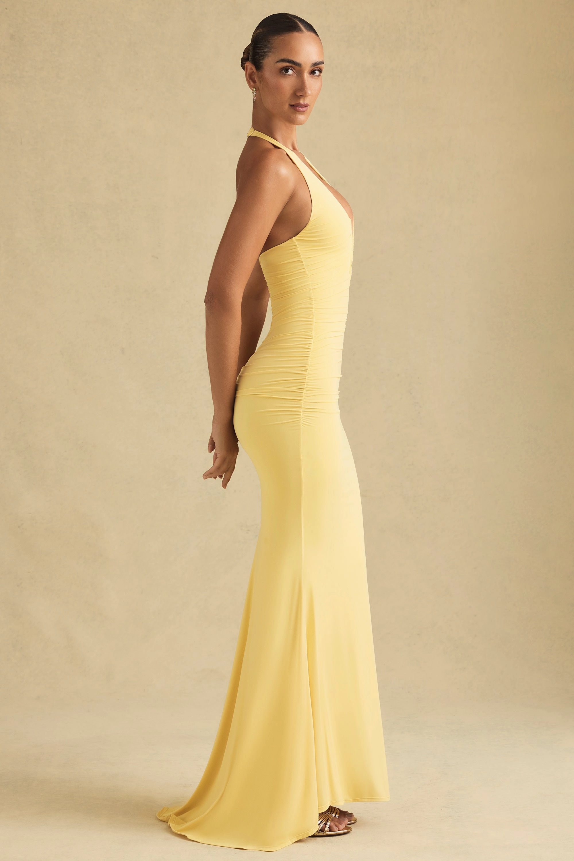 Ruched Backless Halterneck Gown in Pastel Yellow