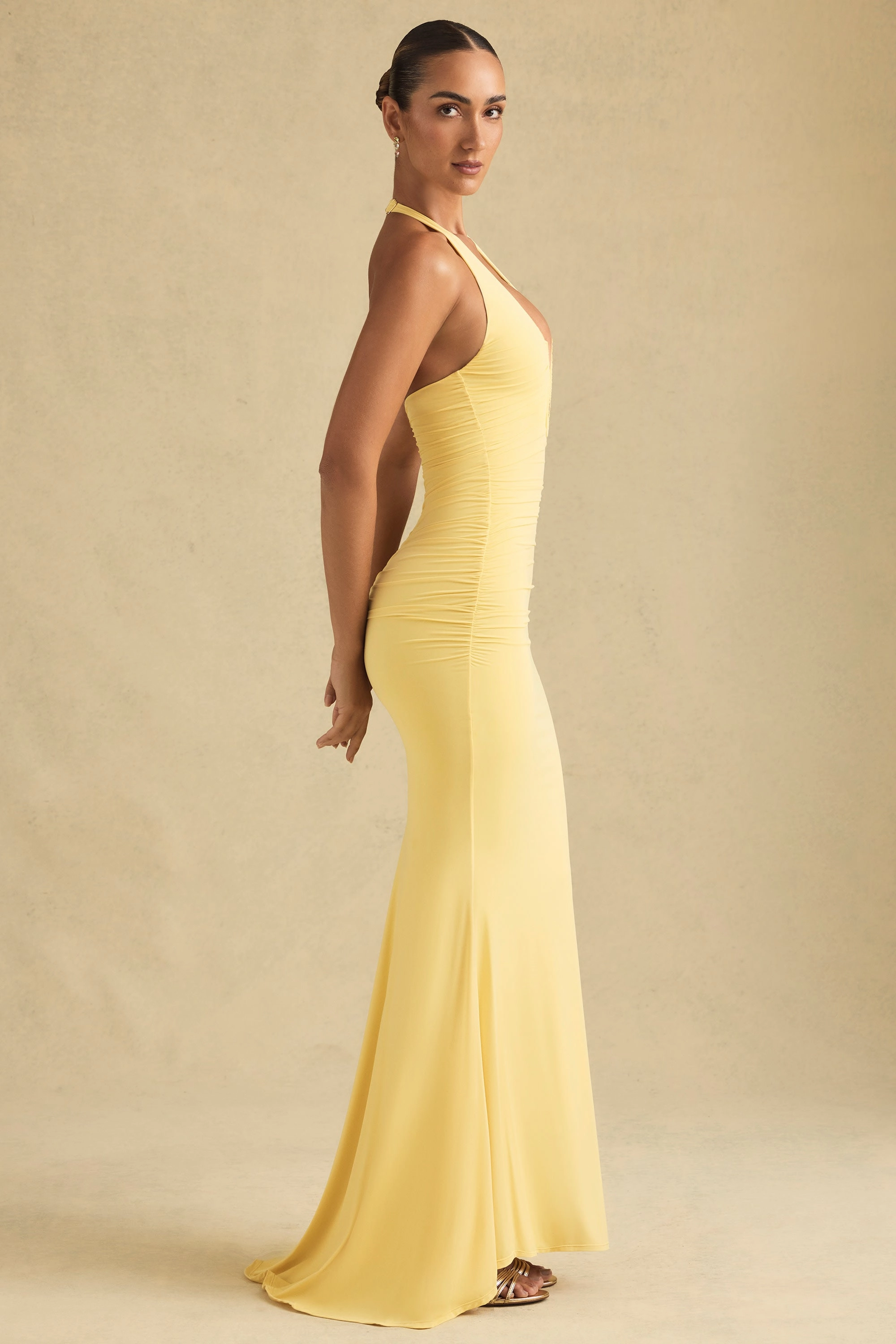 Ruched Backless Halterneck Gown in Pastel Yellow