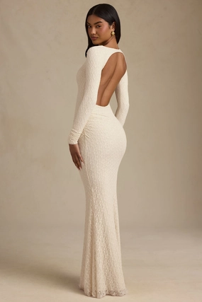 Ruched Backless Lace Maxi Dress in Ivory cheap Dresses on sale