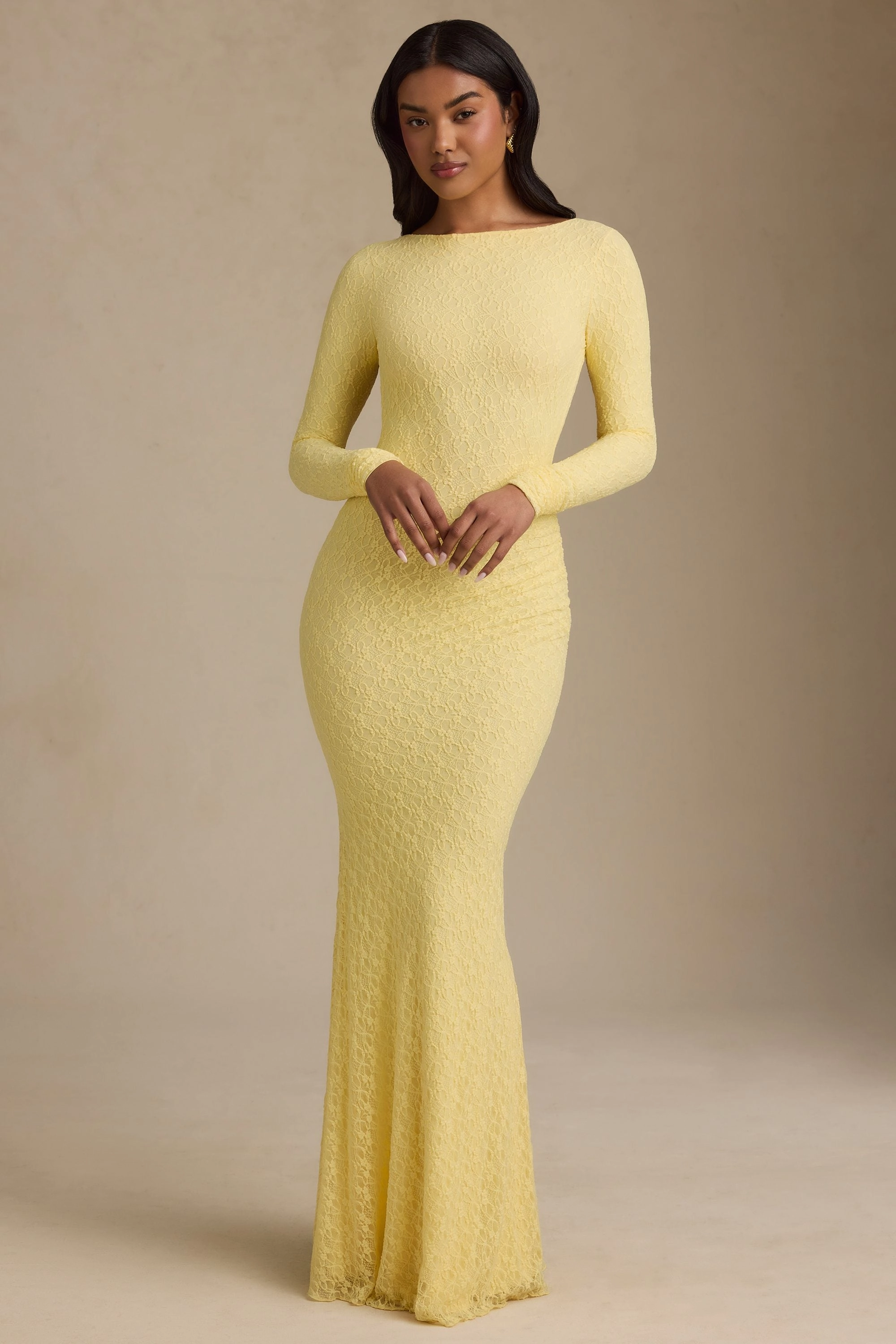 Ruched Backless Lace Maxi Dress in Pastel Yellow cheap Dresses on sale