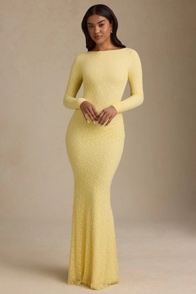 Ruched Backless Lace Maxi Dress in Pastel Yellow cheap Dresses on sale