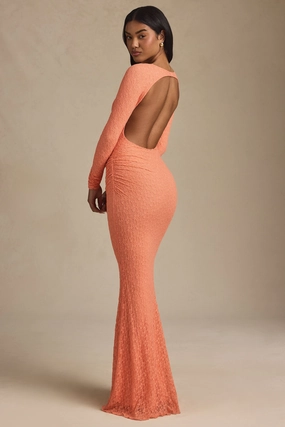 Ruched Backless Lace Maxi Dress in Peach cheap Dresses on sale