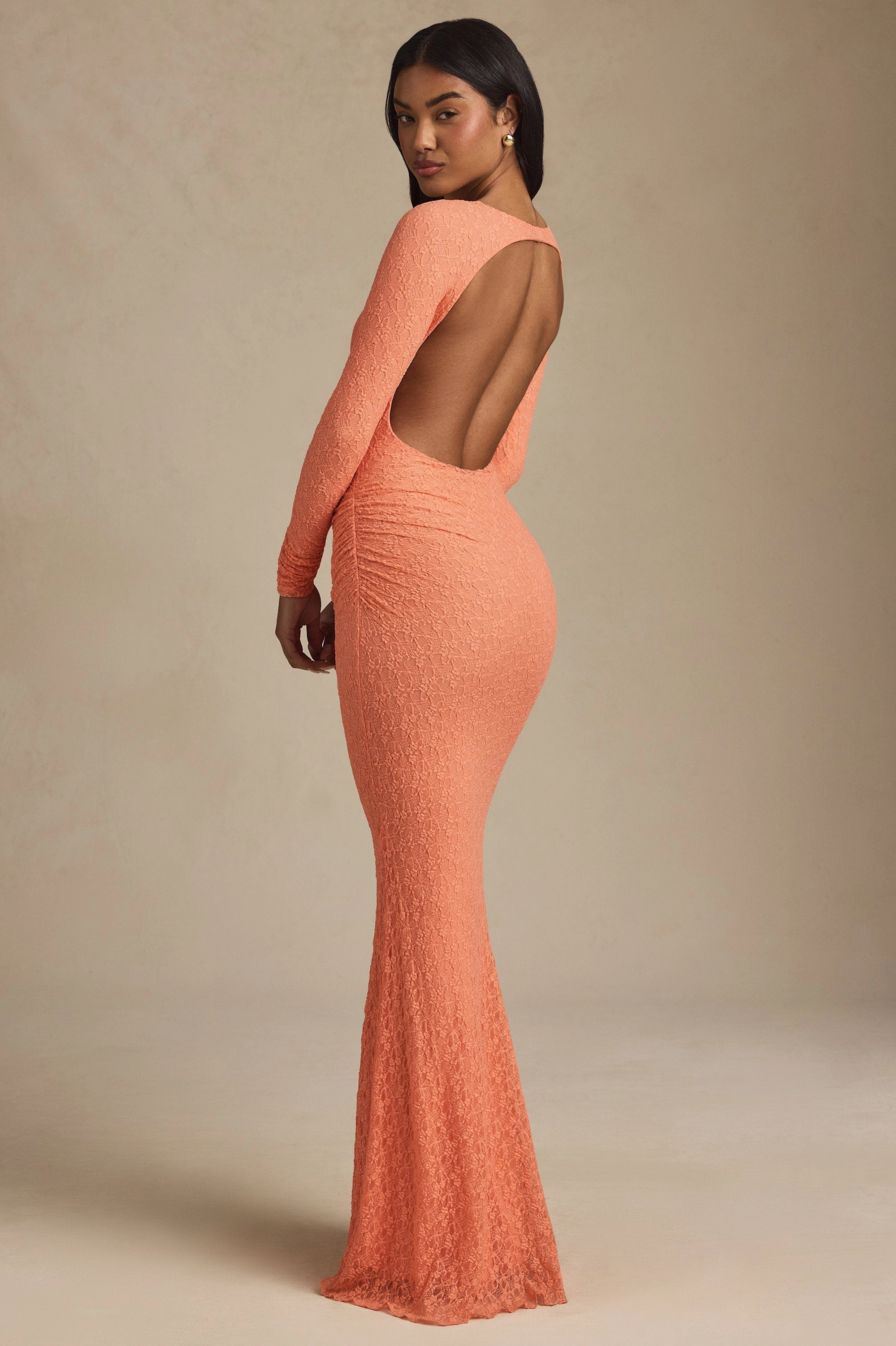 Ruched Backless Lace Maxi Dress in Peach cheap Dresses on sale