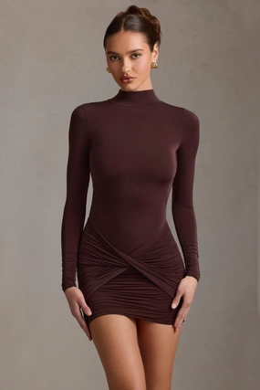 Ruched Backless Turtleneck Mini Dress in Chocolate Brown cheap Dresses on sale