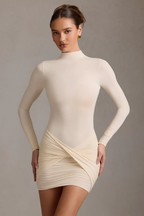 Ruched Backless Turtleneck Mini Dress in Ivory cheap Dresses on sale