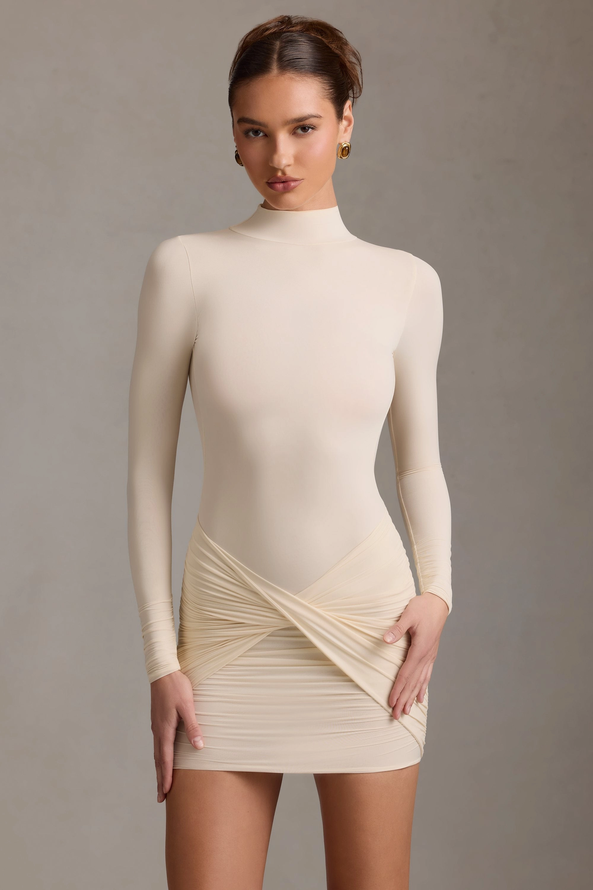 Ruched Backless Turtleneck Mini Dress in Ivory