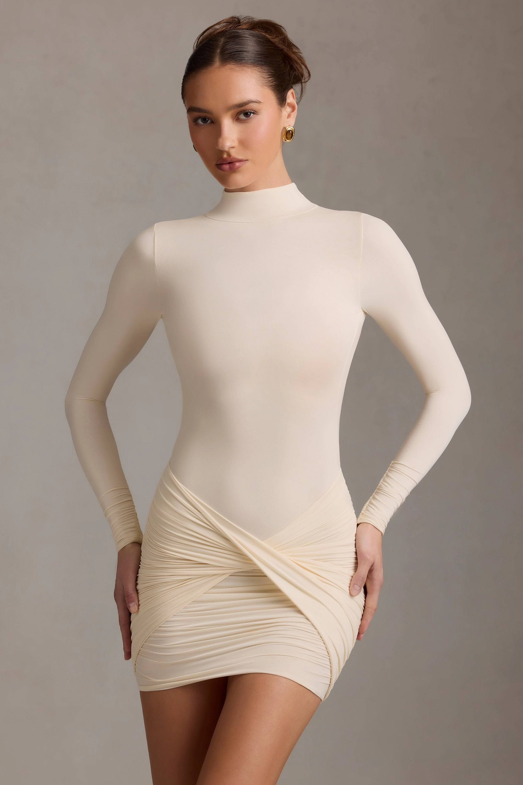Ruched Backless Turtleneck Mini Dress in Ivory Dresses outlet online