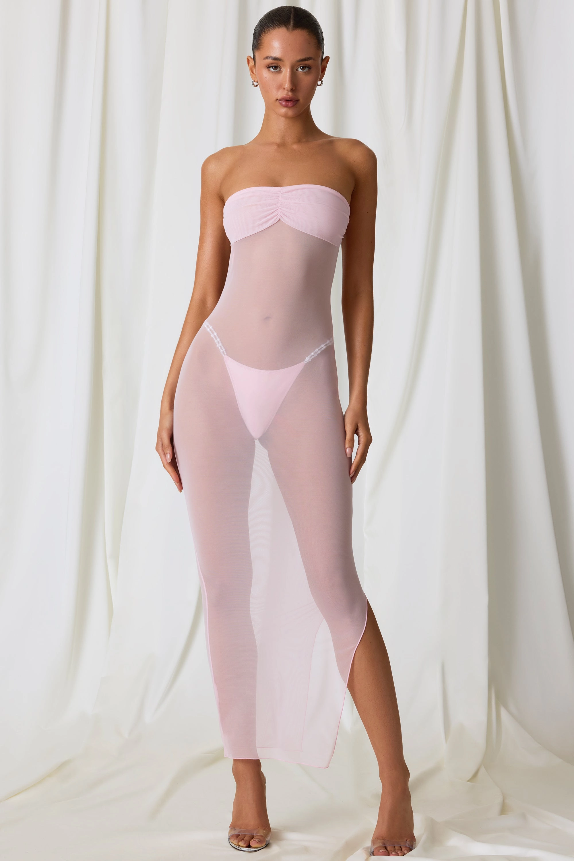 Ruched Bandeau Midi Dress in Soft Pink cheap Dresses on sale