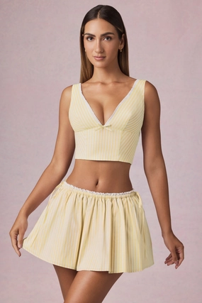 Ruched Drawstring Mini Skirt in Lemon Yellow Stripe Bottoms Womens - women's pants clearance