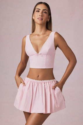 Ruched Drawstring Mini Skirt in Soft Mauve Stripe Bottoms Womens - women's pants clearance