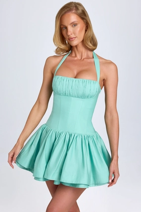 Ruched Halterneck Mini Dress in Sea Green Dresses - cocktail dresses sale
