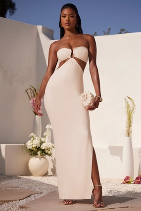 Ruched Hardware Detail Bandeau Floor Length Dress in Ivory Dresses outlet online