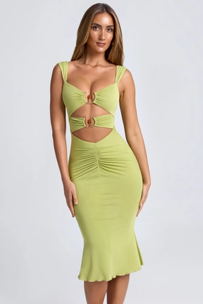 Ruched Hardware Detail Cut-Out Midaxi Dress in Olive Green cheap Dresses on sale