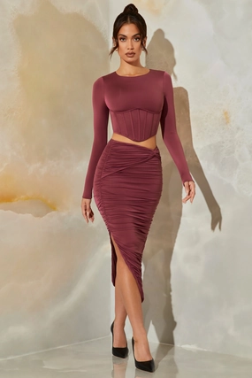 Ruched Maxi Skirt in Dark Mauve Bottoms Womens - women's pants clearance