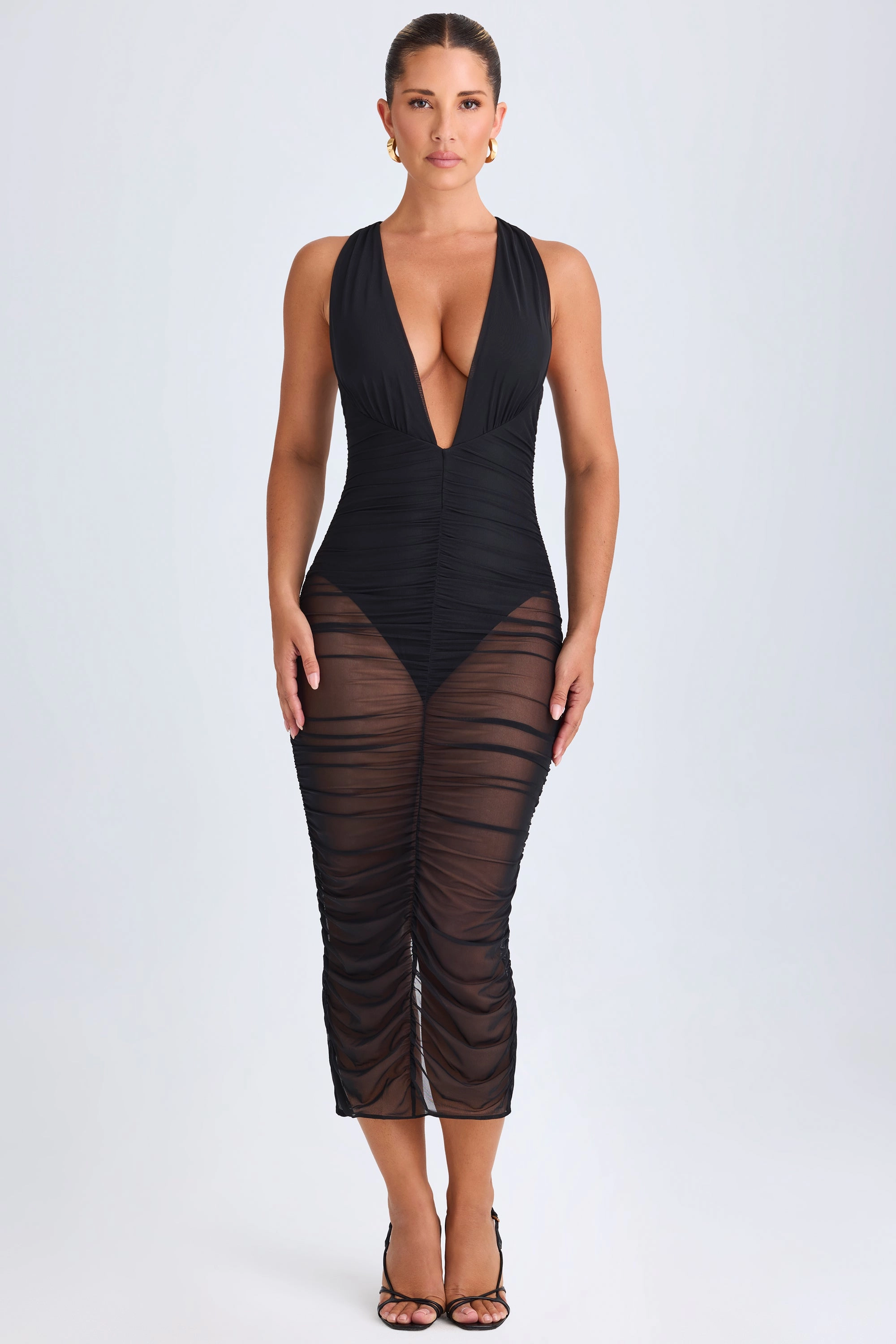 Ruched Plunge Midaxi Dress in Black Dresses - dresses on sale