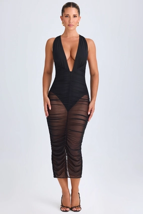 Ruched Plunge Midaxi Dress in Black Dresses - dresses on sale