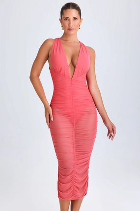 Ruched Plunge Midaxi Dress in Coral cheap Dresses on sale