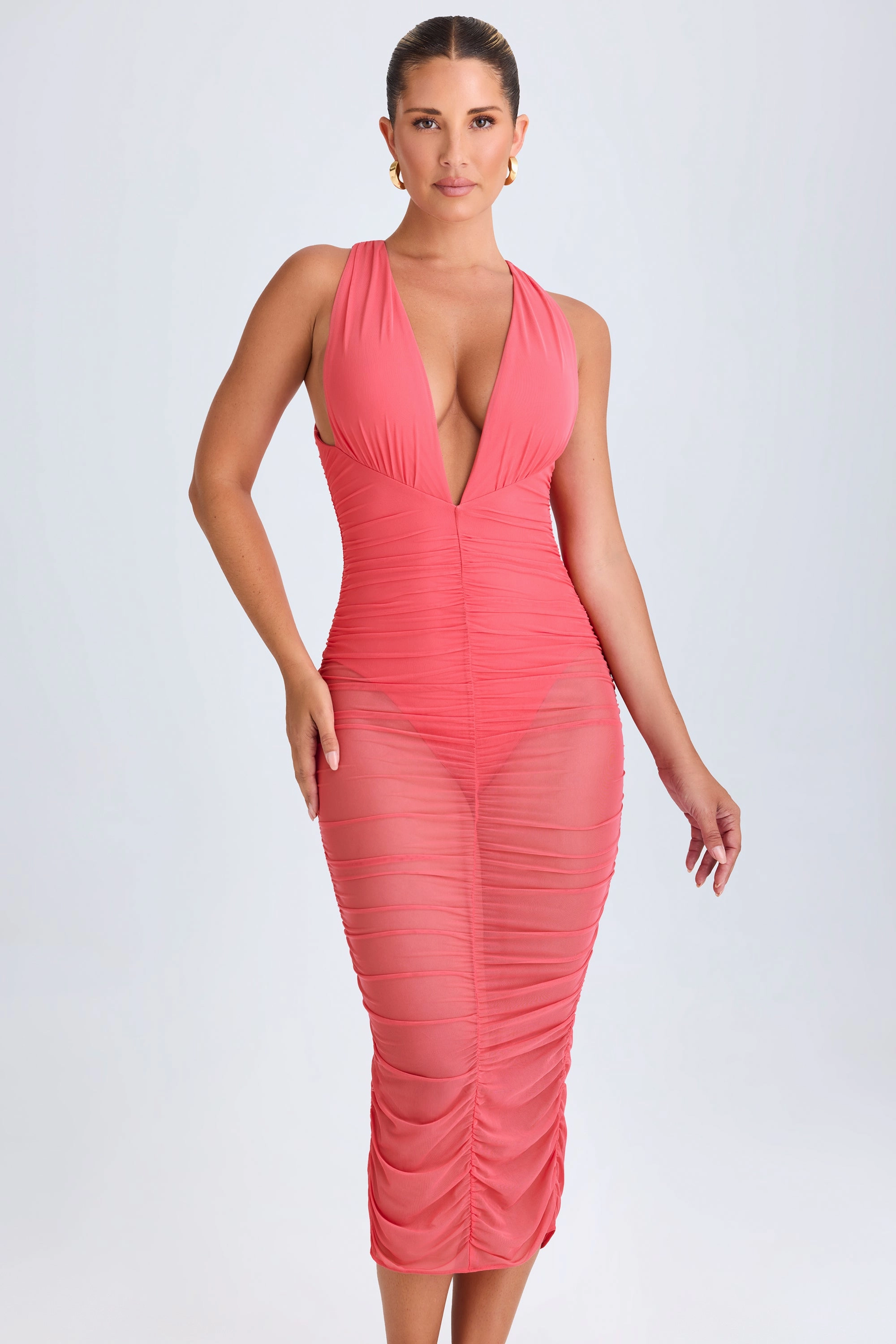 Ruched Plunge Midaxi Dress in Coral cheap Dresses on sale