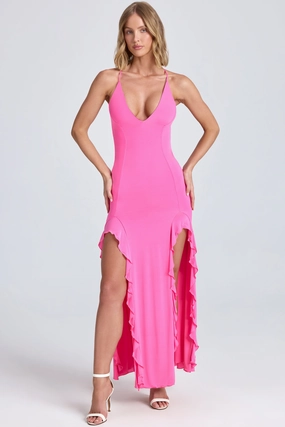 Ruched Ruffle-Trim Maxi Dress in Lollipop Pink Dresses best price