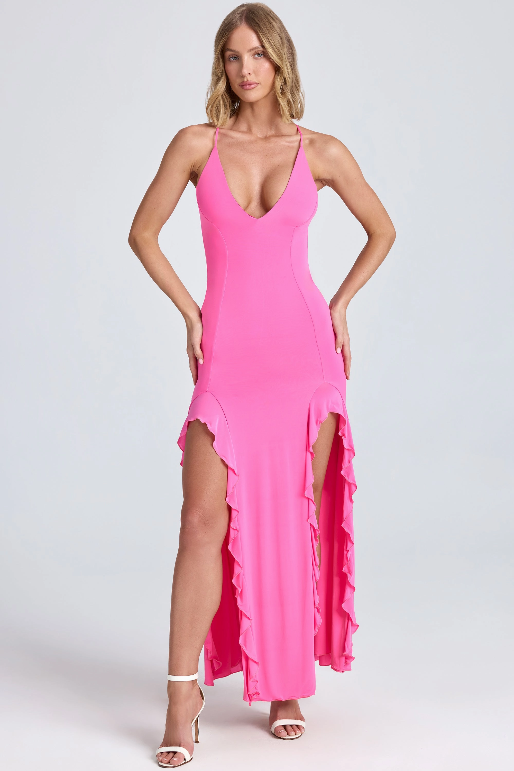 Ruched Ruffle-Trim Maxi Dress in Lollipop Pink cheap Dresses on sale