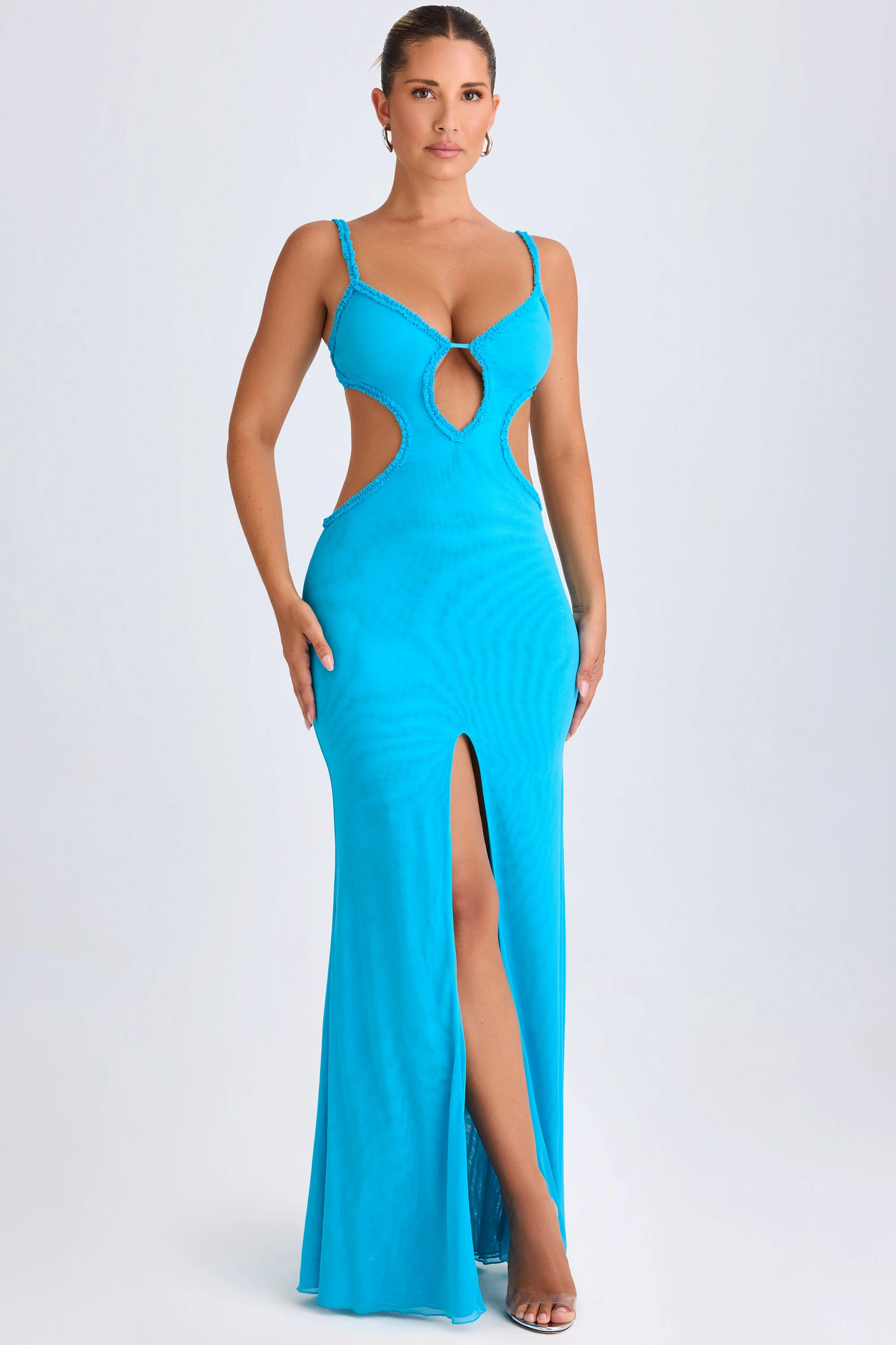 Ruffle-Appliqu Cut-Out Maxi Dress in Aqua Blue
