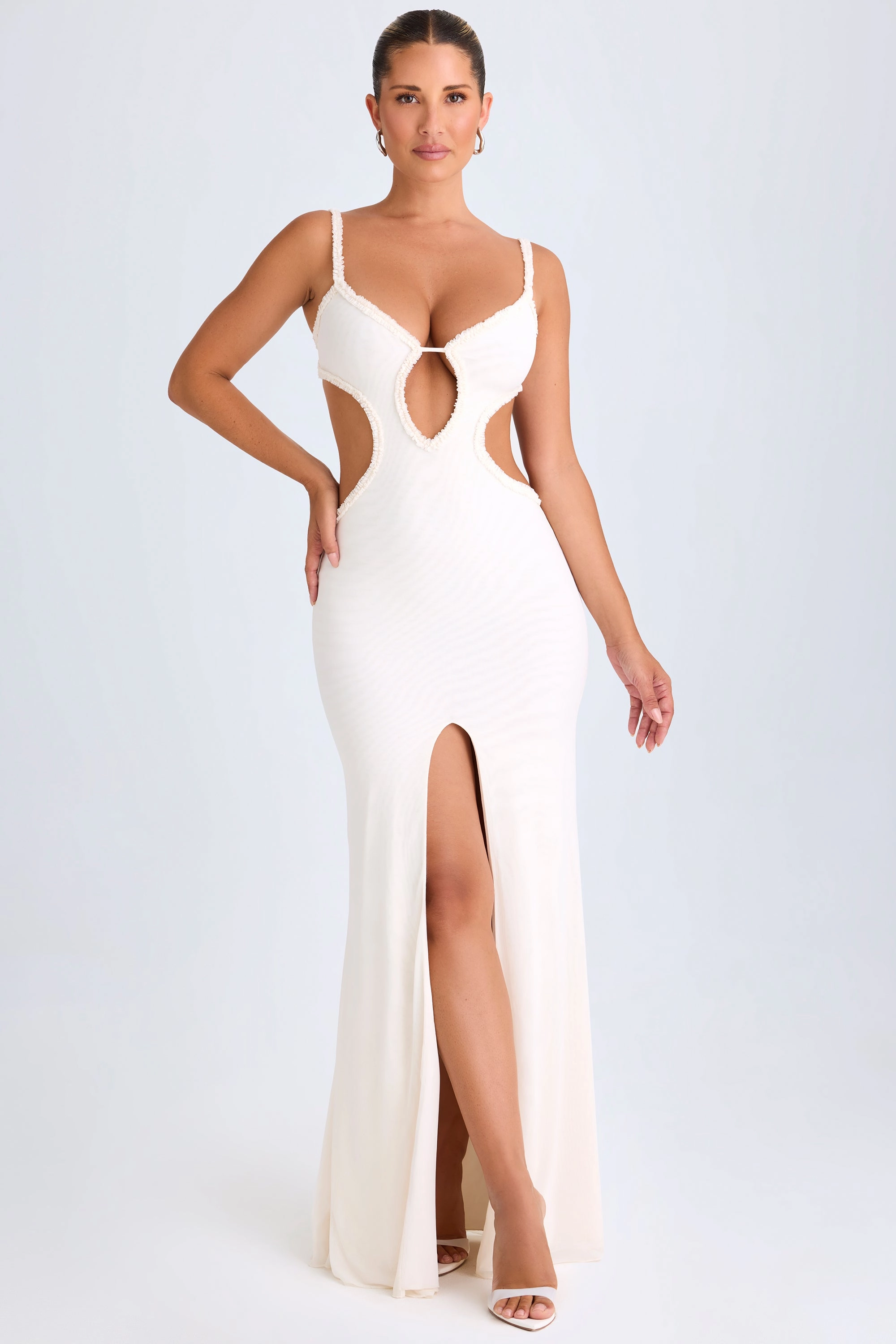 Ruffle-Appliqu Cut-Out Maxi Dress in White